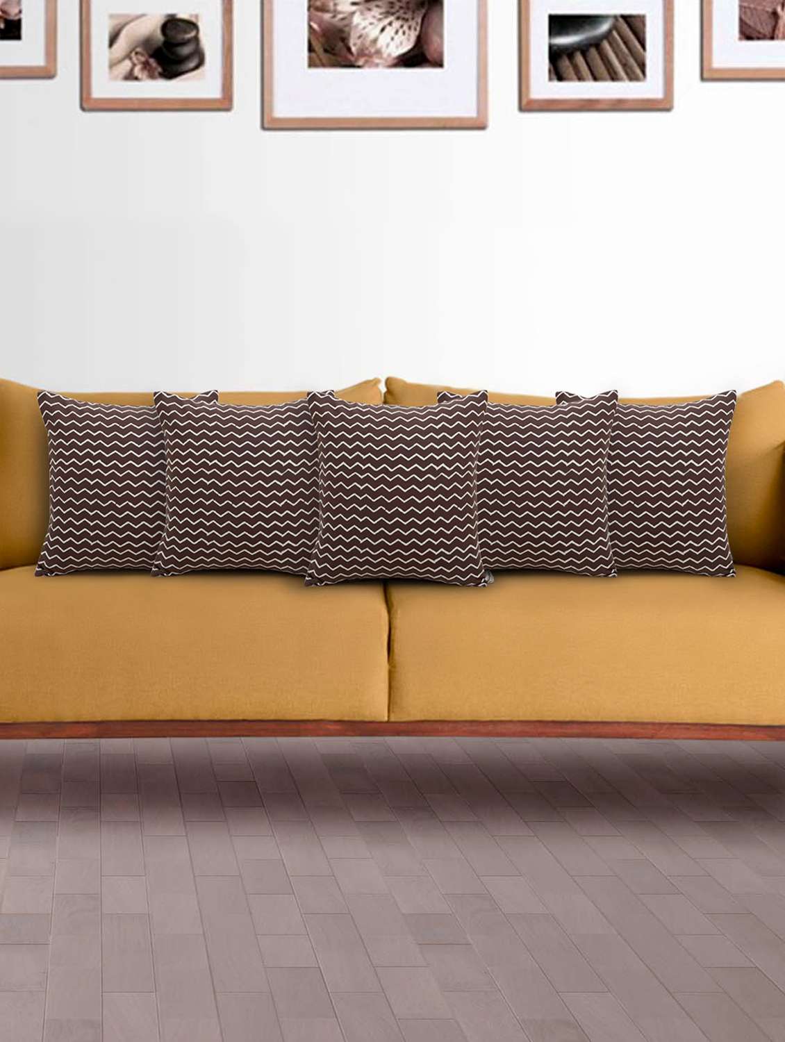 mezposh artsy brown and white cotton block print zig-zag cushion cover (16x16 inch) set of 5