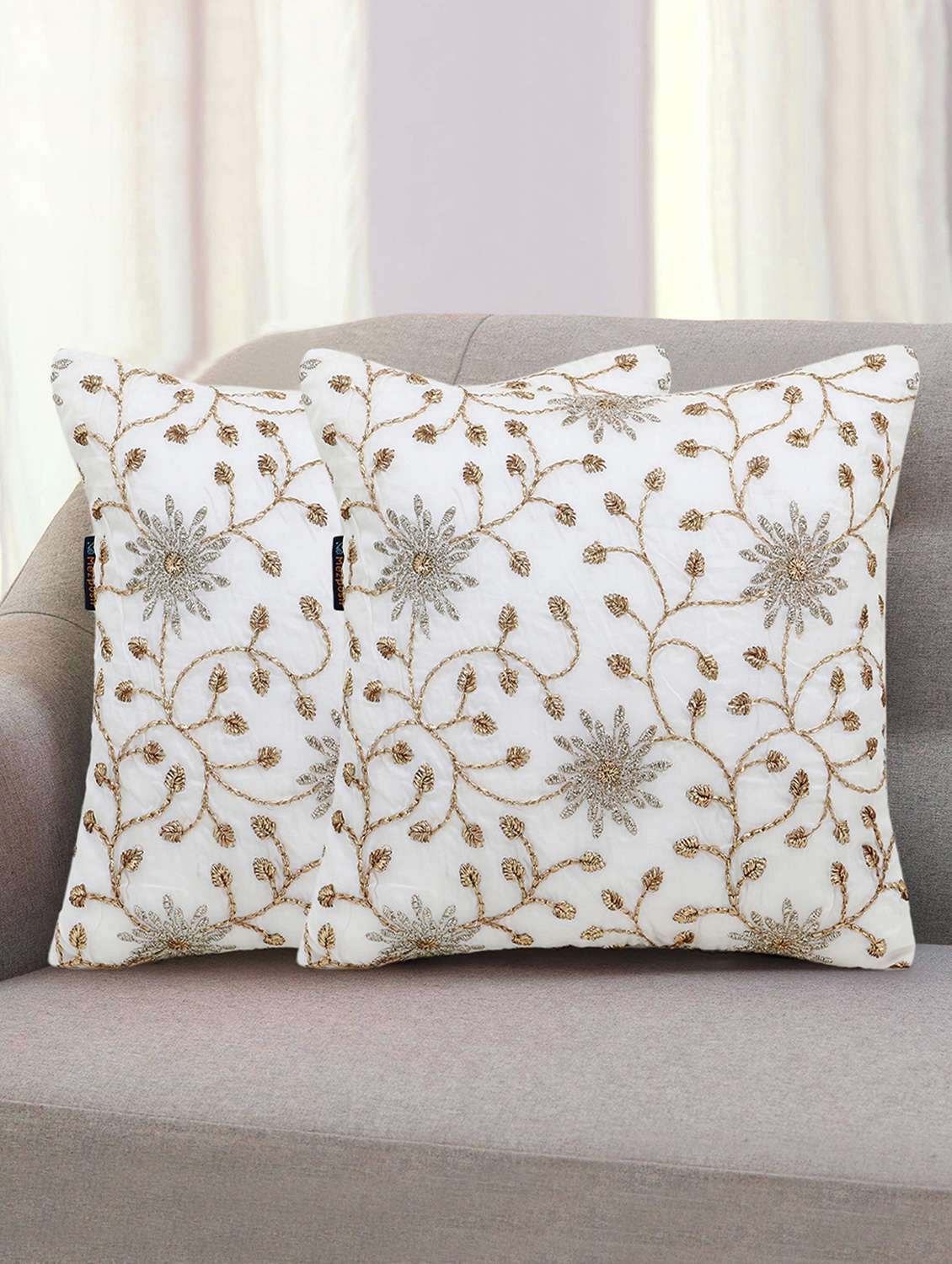 mezposh dazzle white and gold faux silk embellished hand embroidery floral cushion cover (16x16 inch) set of 2