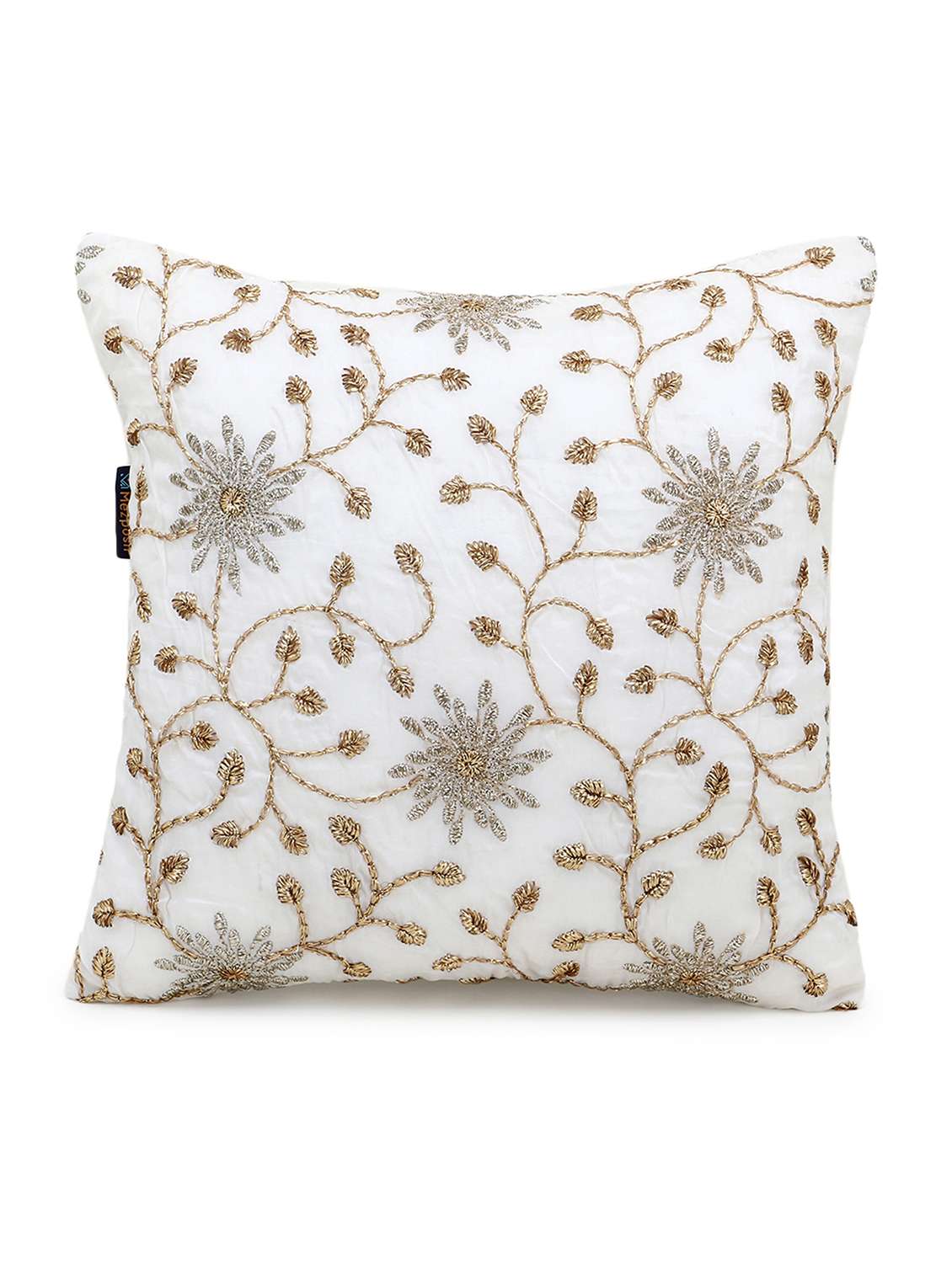 mezposh dazzle white and gold faux silk embellished hand embroidery floral cushion cover (16x16 inch) set of 2 - 18007153 - Standard Image - 2