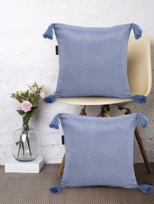 mezposh dazzle blue and silver shimmer cotton lurex self design cushion cover with tassels (16x16 inch) set of 2 - 18007155 -  Standard Image - 0
