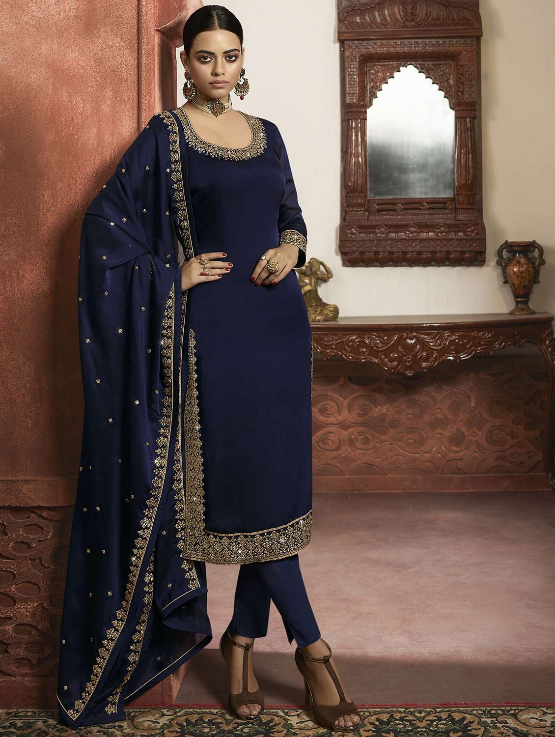 blue silk unstitched suit set