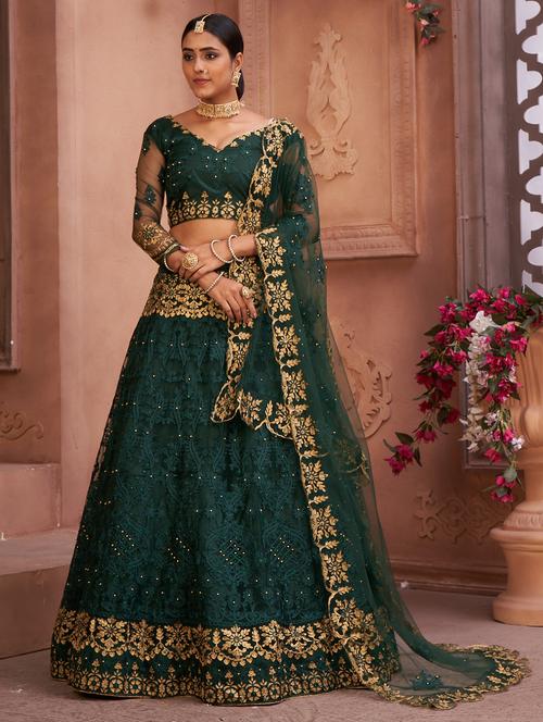 bottle green net flared lehenga - 18008496 -  Standard Image - 0
