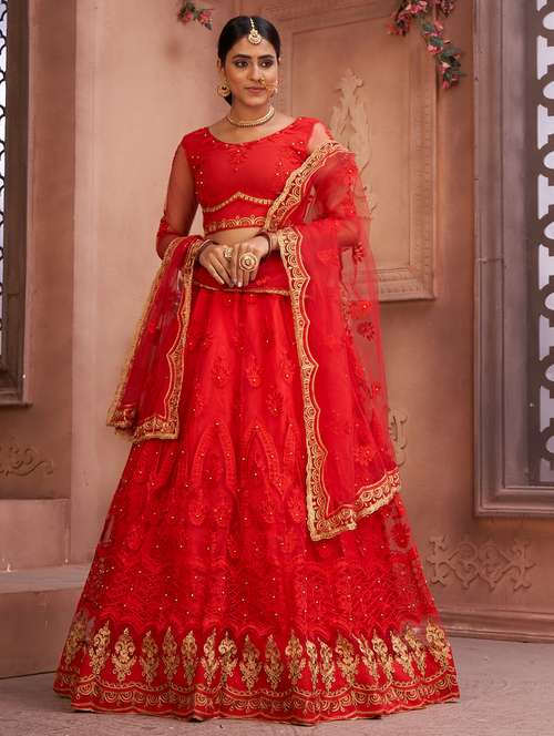 red net flared lehenga - 18008497 -  Standard Image - 0