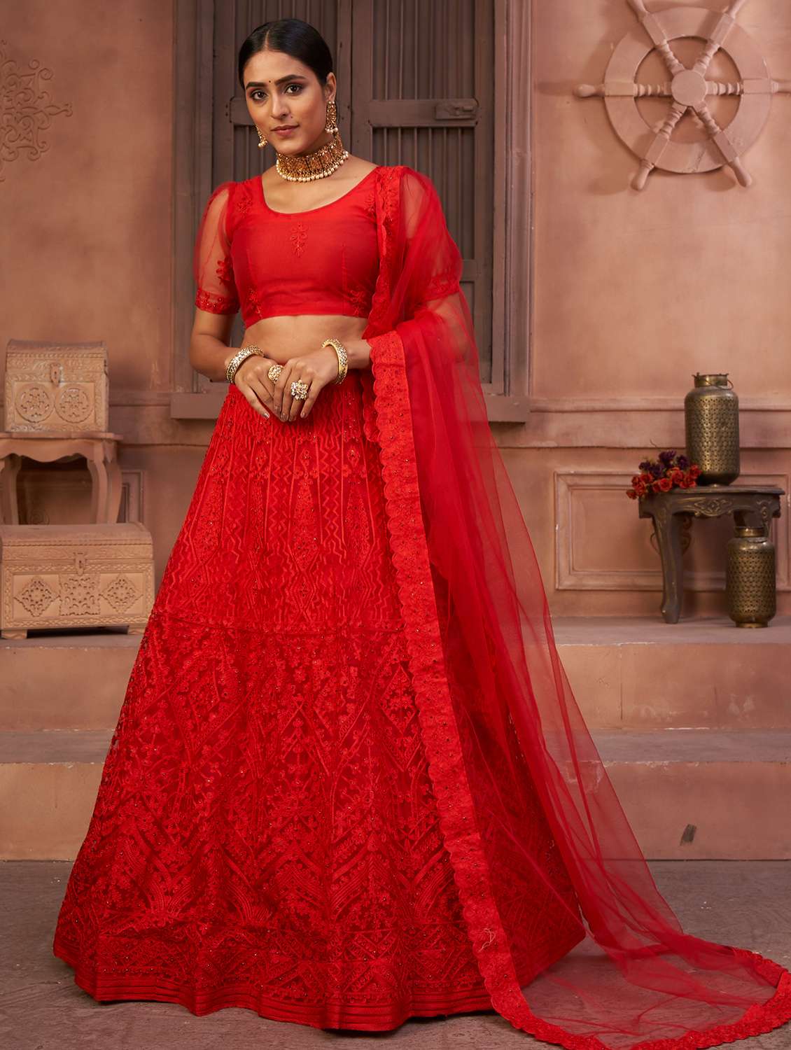 red net flared lehenga