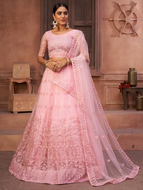 women pink embroidered flared semi-stitched lehenga - 18008503 -  Standard Image - 0