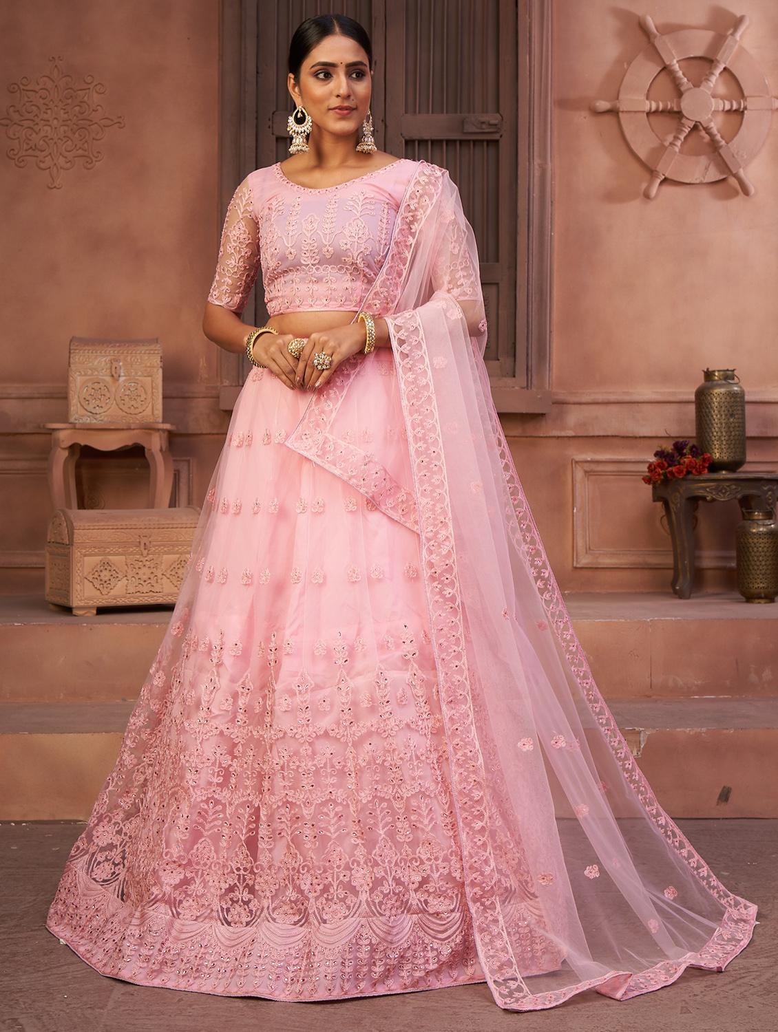 women pink embroidered flared semi-stitched lehenga - 18008503 -  Zoom Image - 0