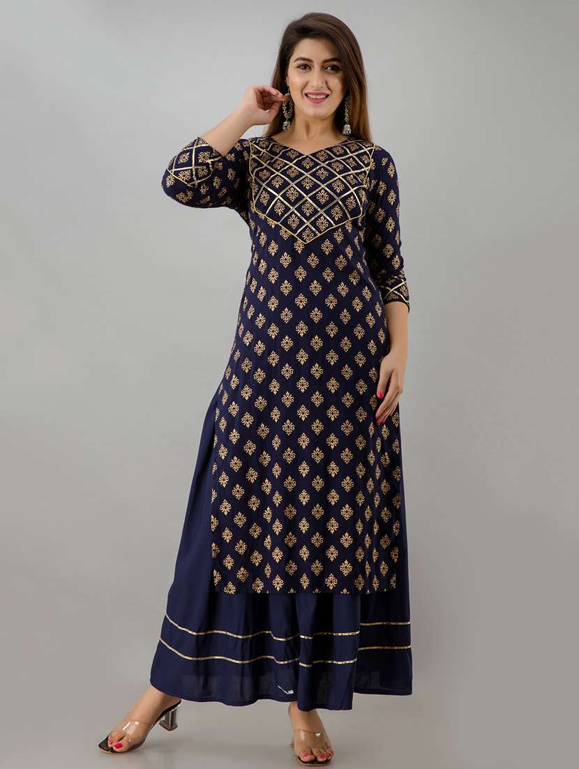 gold print kurta skirt set