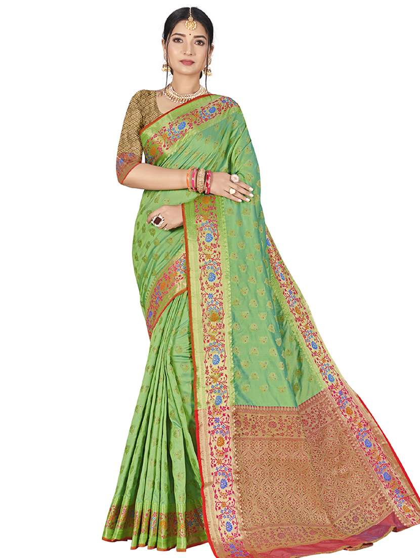 women's self design green colored saree with blouse