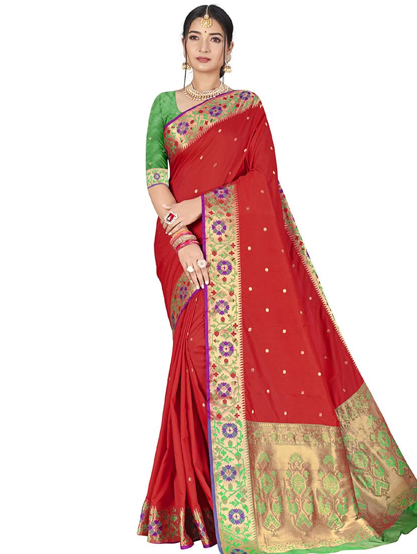 women's self design red colored saree with blouse
