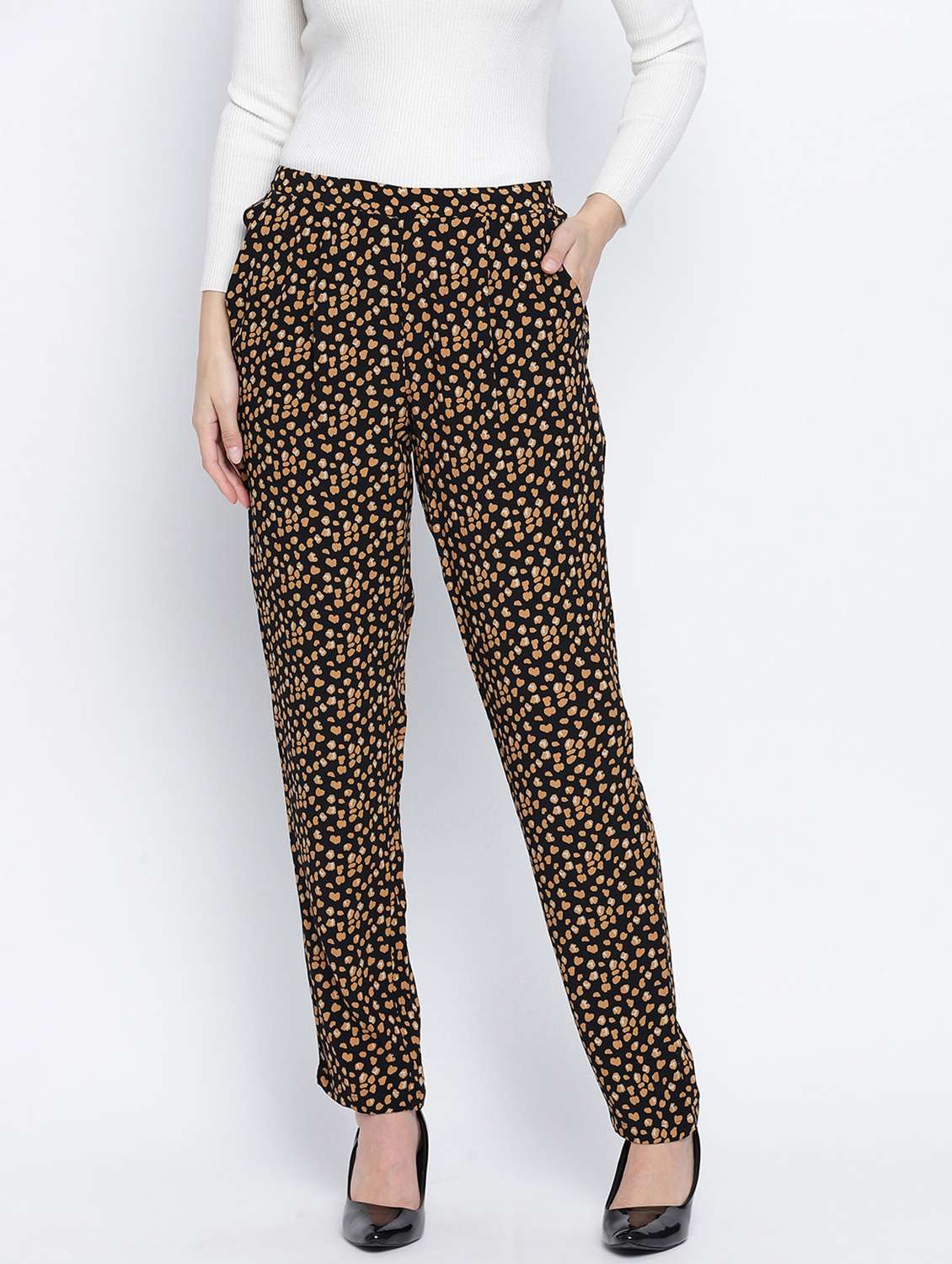 black printed flat front trouser