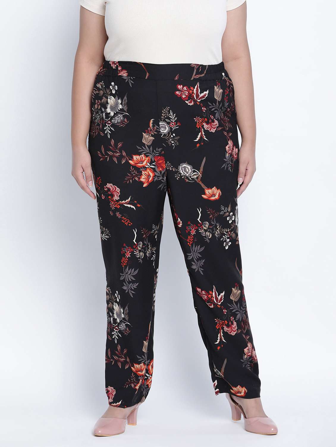 black floral printed plus size trouser