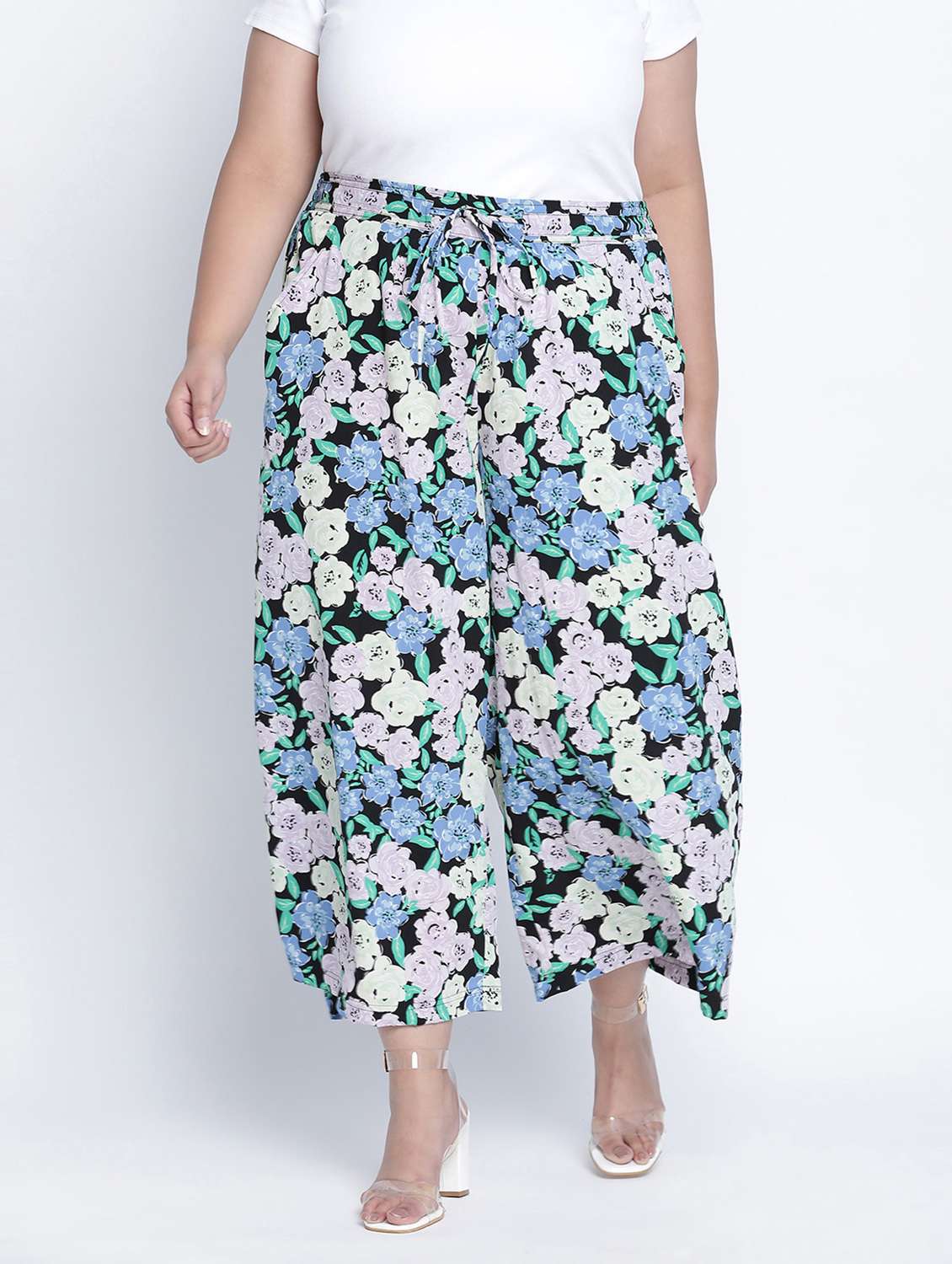black floral printed plus size trouser