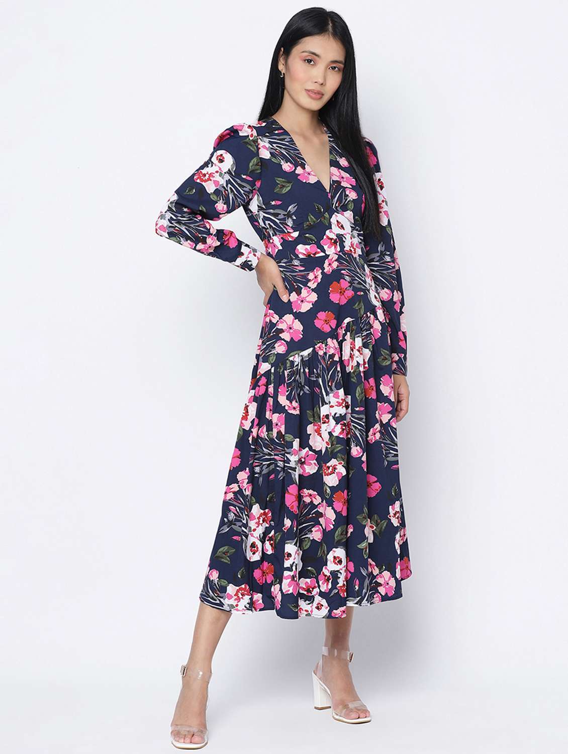 v-neck floral a-line dress - 18013275 - Standard Image - 2