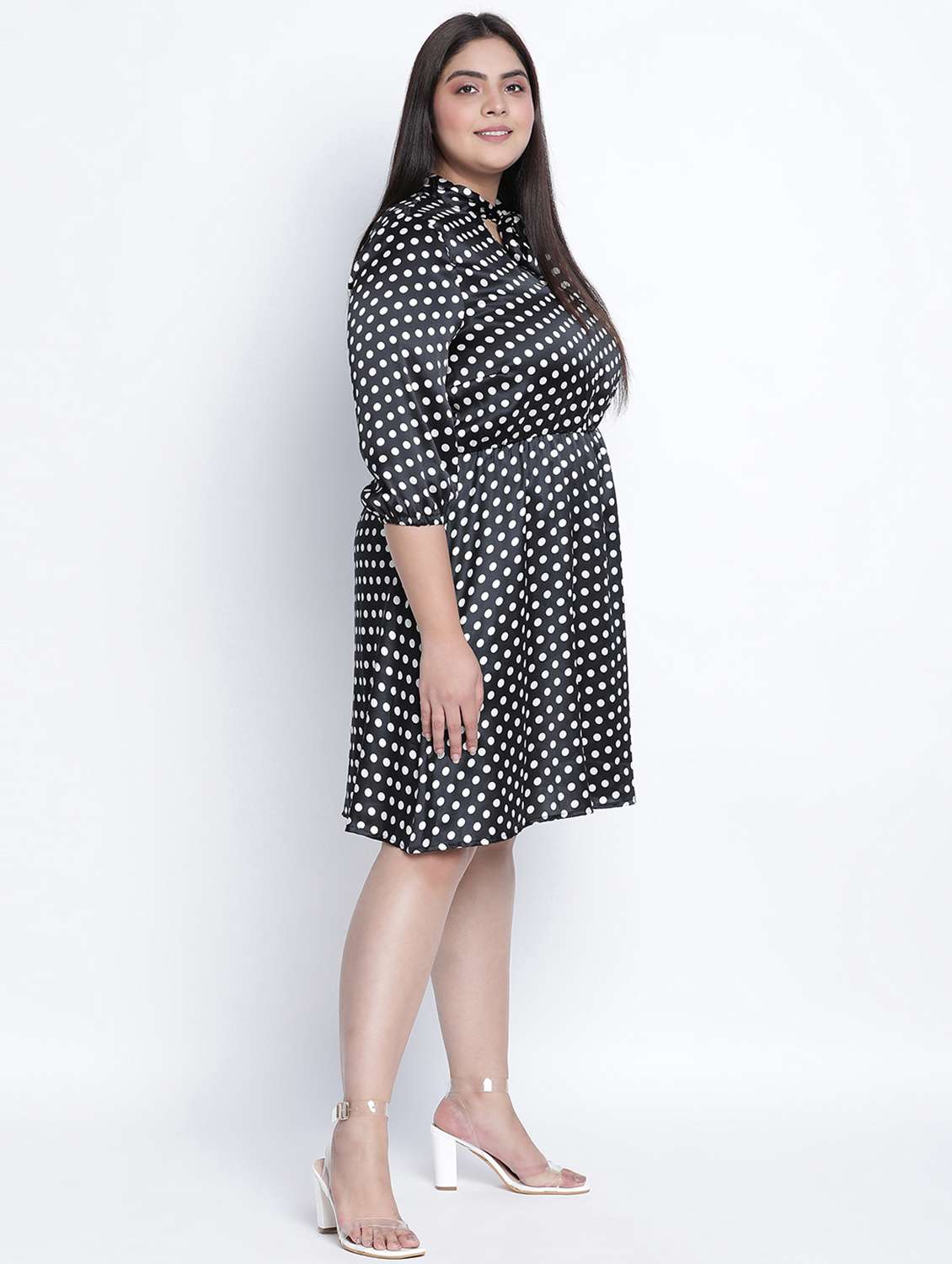 tie up neck polka dot a-line dress - 18013309 - Standard Image - 2