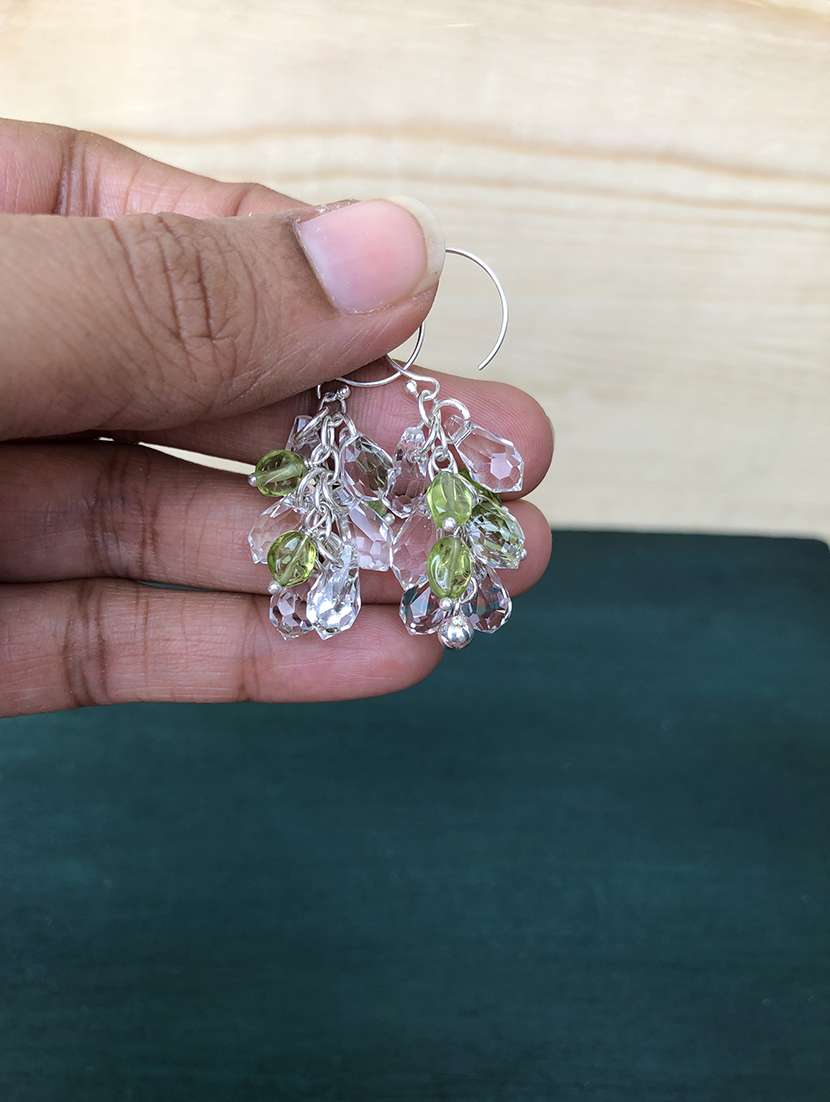 Sterling Silver Drop Earrings With Peridot Stone And Crystals