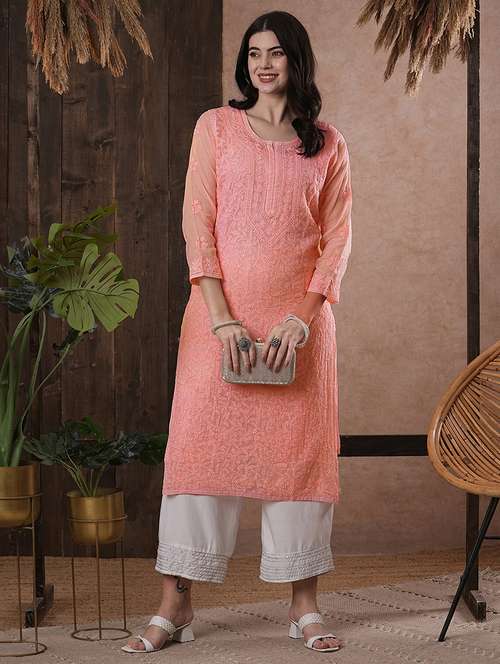 peach kota fabric longh lucknowi chikankari kurta - 18016103 - Standard Image - 0