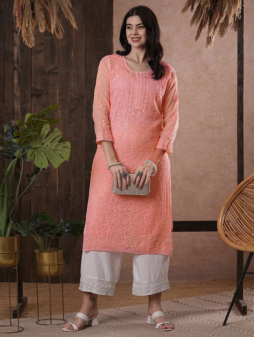 peach kota fabric longh lucknowi chikankari kurta - 18016103 - Zoom Image - 0