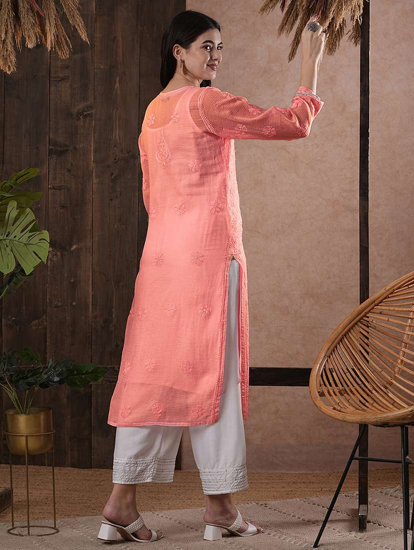 peach kota fabric longh lucknowi chikankari kurta - 18016103 - Standard Image - 2