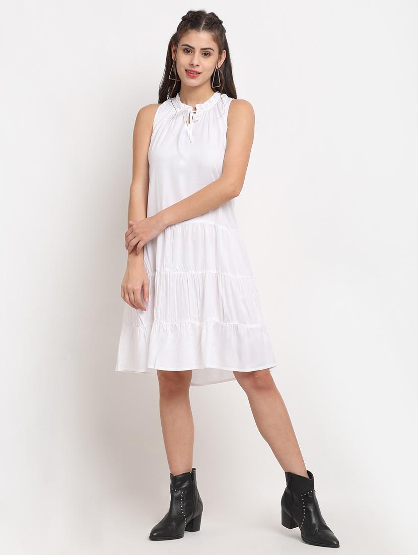 tie up neck solid a-line  dress - 18016755 -  Zoom Image - 0