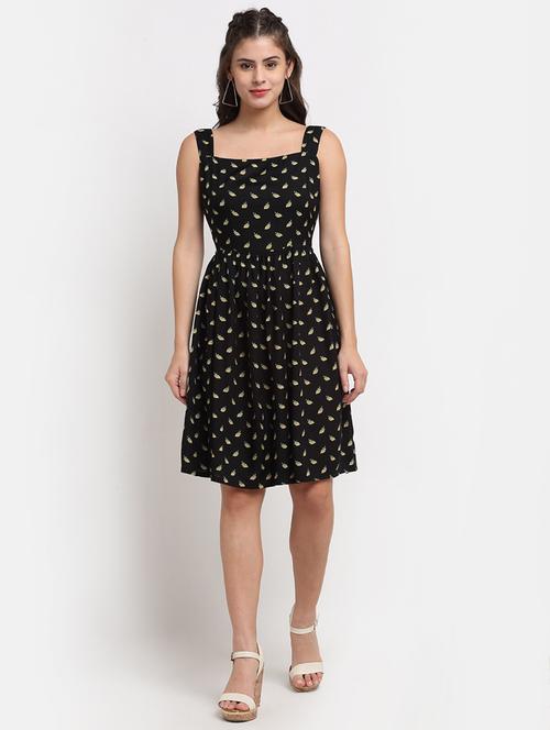square neck printed  fit & flare dress - 18016761 -  Standard Image - 0