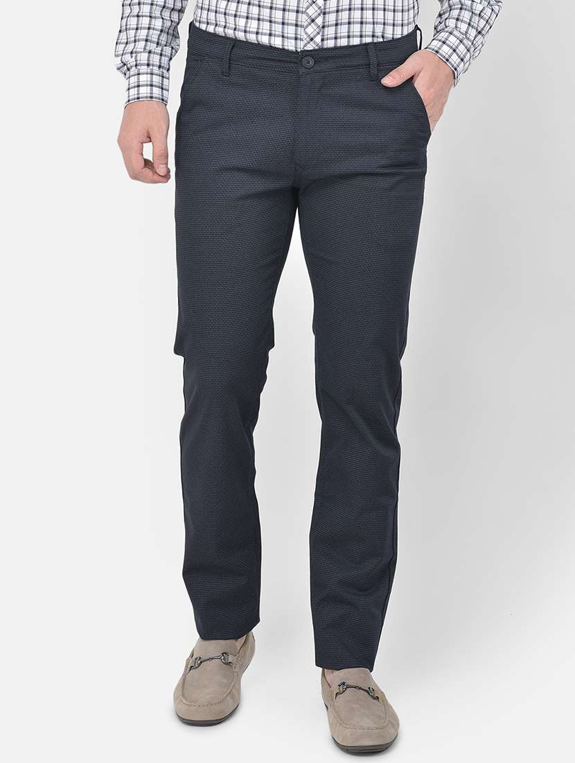 navy blue printed flat front casual trouser