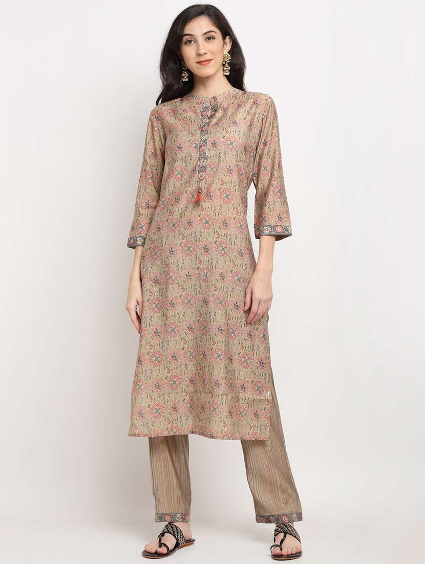 beige chanderi kurta pant  set