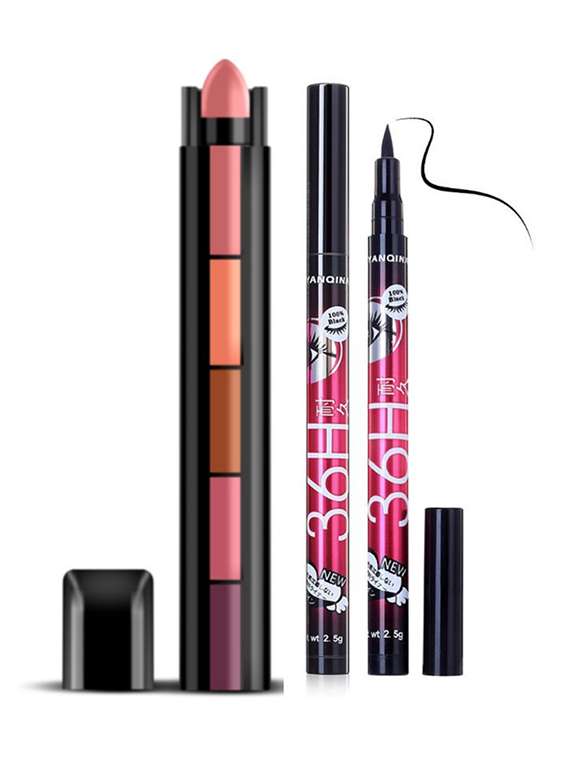 favon pack of 5in1 multicolor lipstick and 36h waterproof longstay black eyeliner