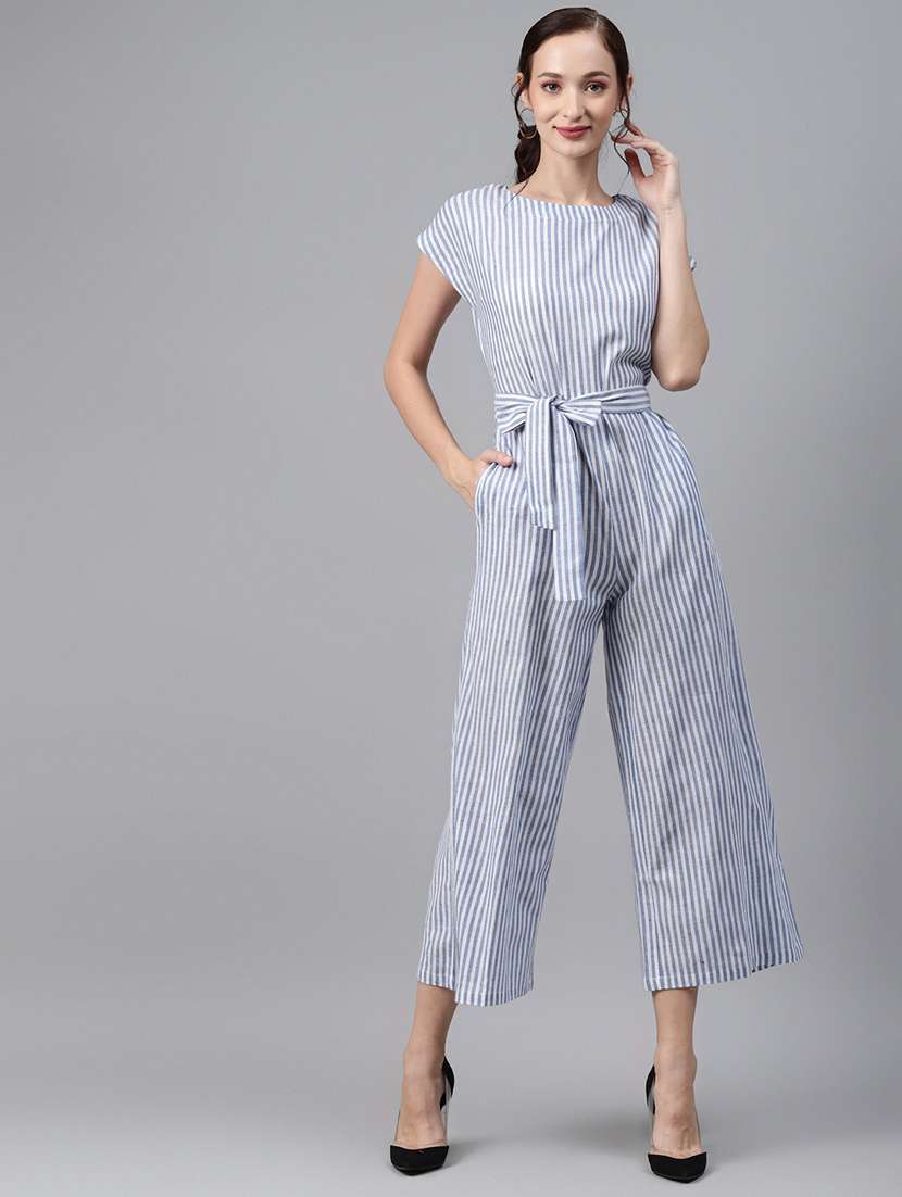tie front striped full leg jumpsuit