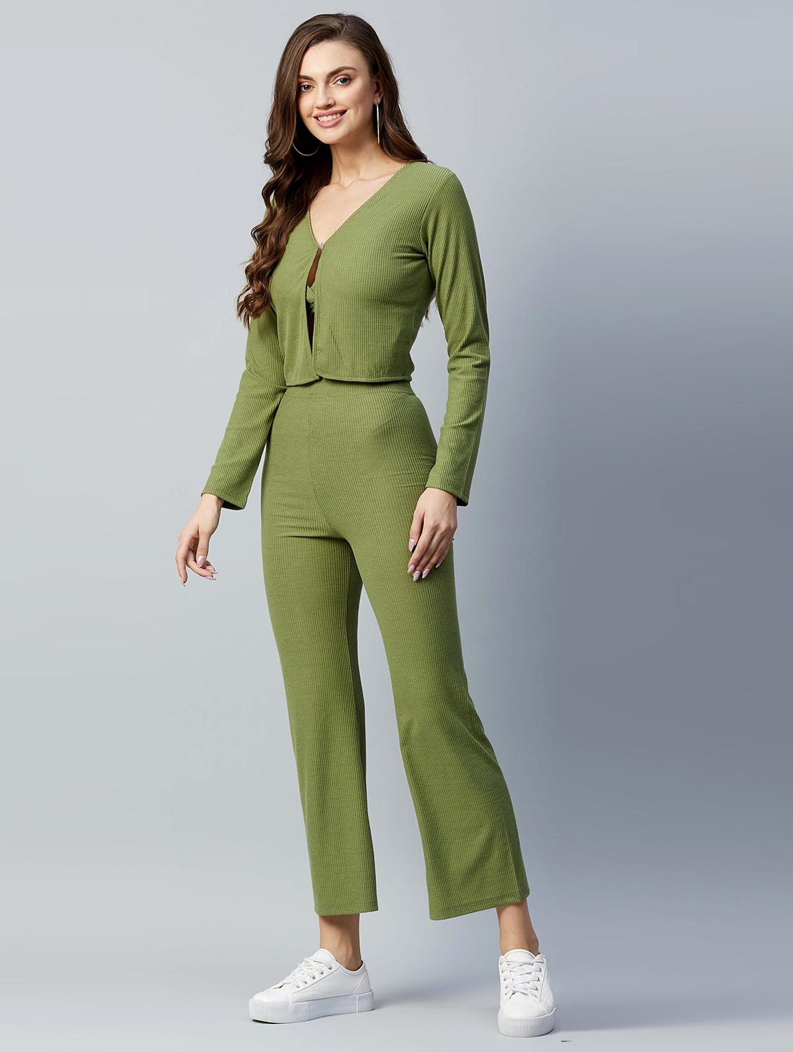 olive green solid trouser set - 18024910 - Standard Image - 2