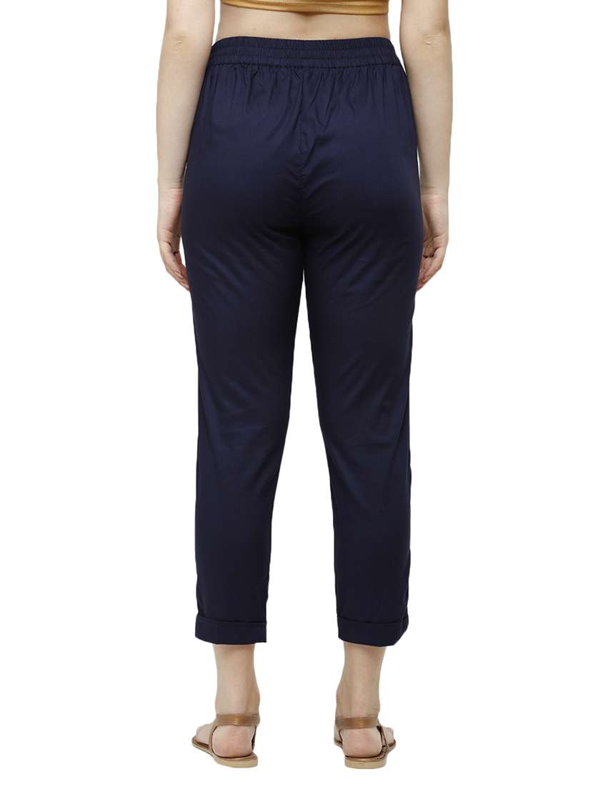 navy blue solid cigarette pants trouser - 18025112 -  Standard Image - 2