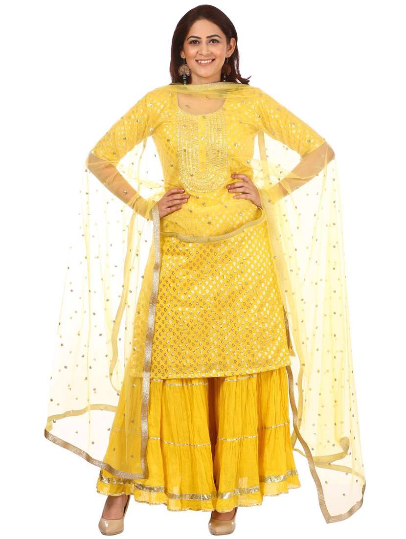 yellow cotton blend kurta sharara  set
