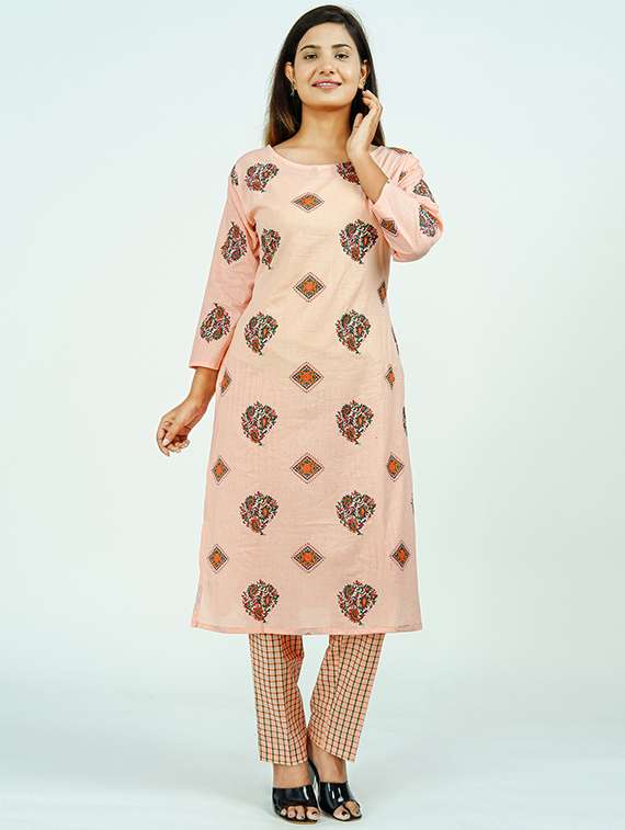 peach cotton kurta pant  set