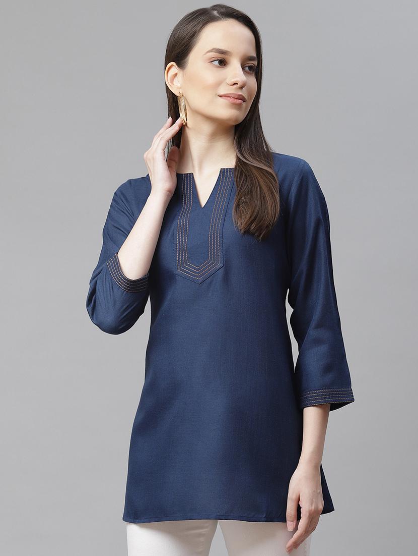 blue notch neck solid tunic