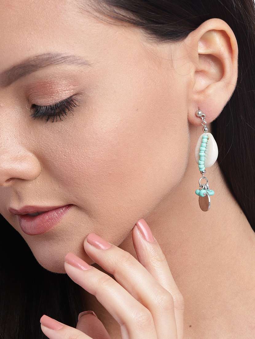 sea green & off-white silver-plated beaded cowry drop earrings - 18026773 - Standard Image - 2