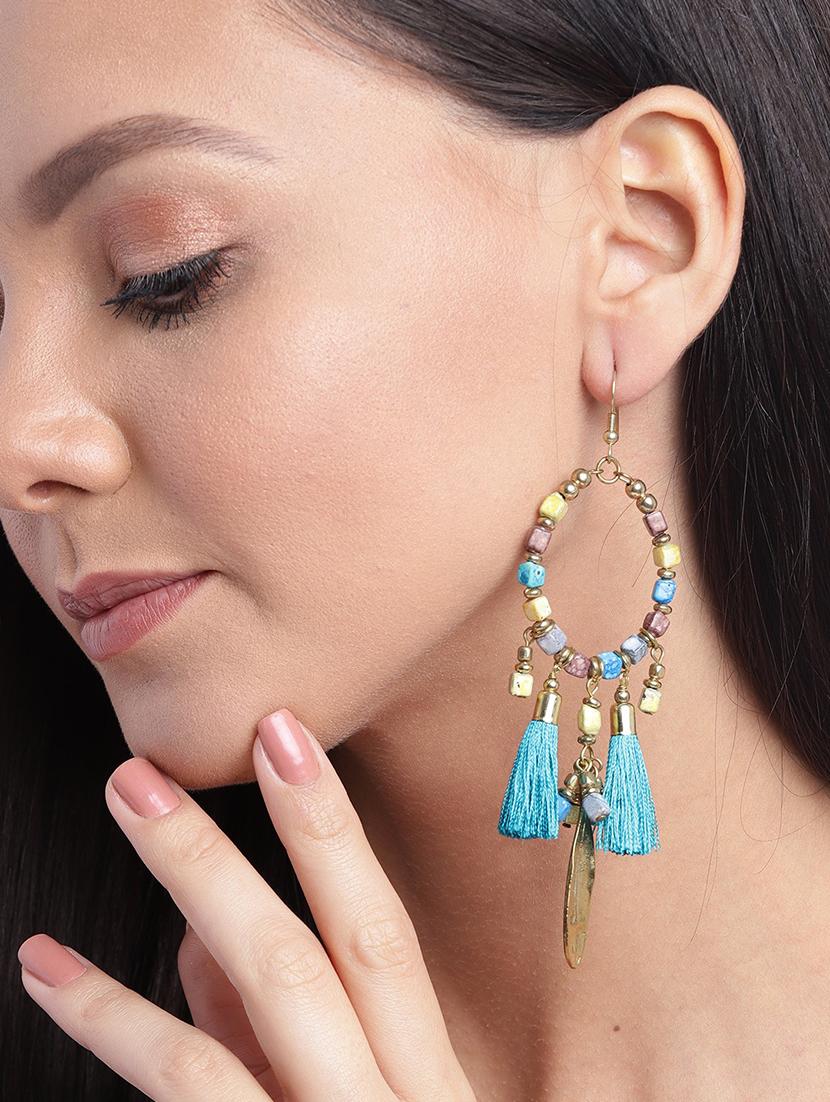 turquoise blue beaded tasseled teardrop shaped drop earrings - 18026794 - Standard Image - 2
