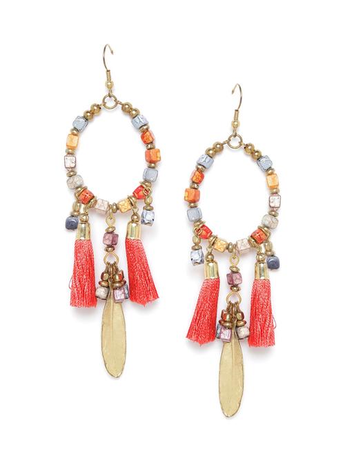 red beaded tasseled oval drop earrings - 18026798 - Standard Image - 0