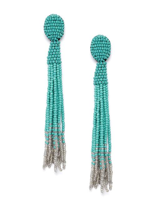 sea green & grey beaded tasseled drop earrings - 18026814 - Standard Image - 0