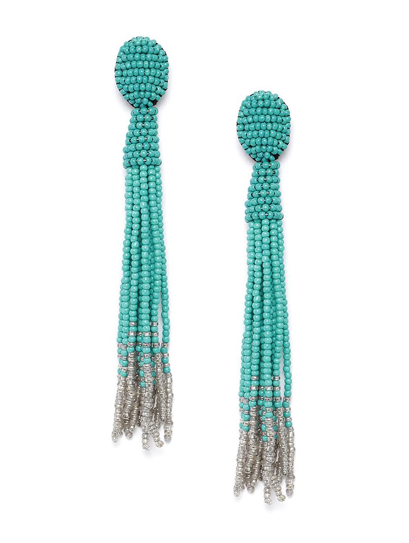 sea green & grey beaded tasseled drop earrings - 18026814 - Zoom Image - 0