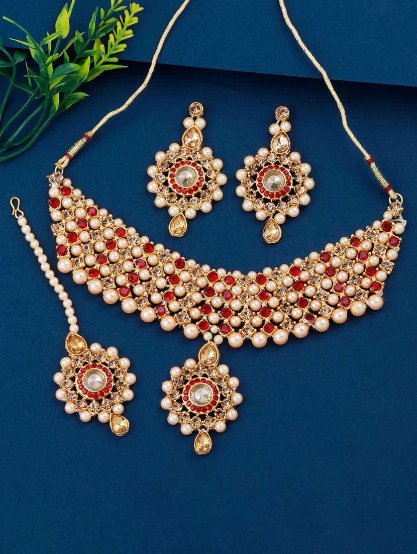 pearl and red stone studded necklace with earring and maangtikka