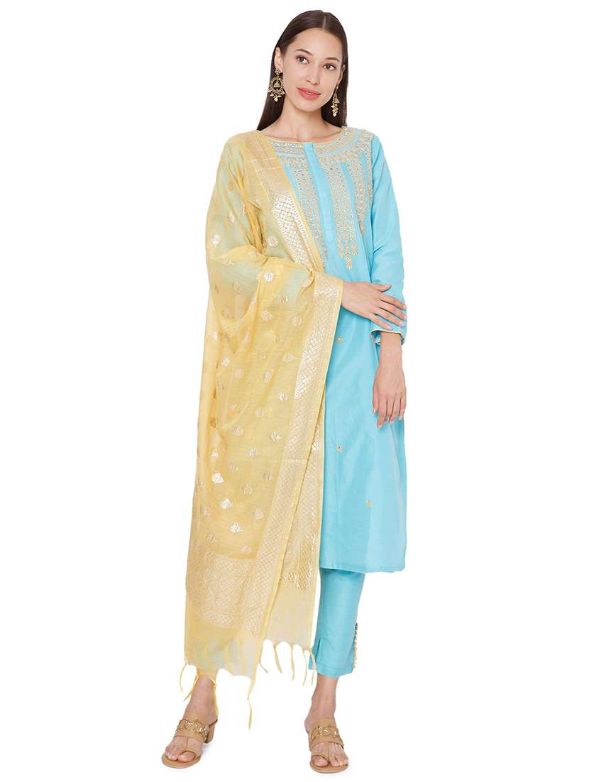 blue chanderi kurta pant  set