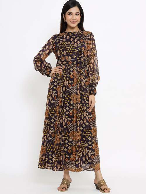flared printed dress with tie-up blet - 18029317 -  Standard Image - 0