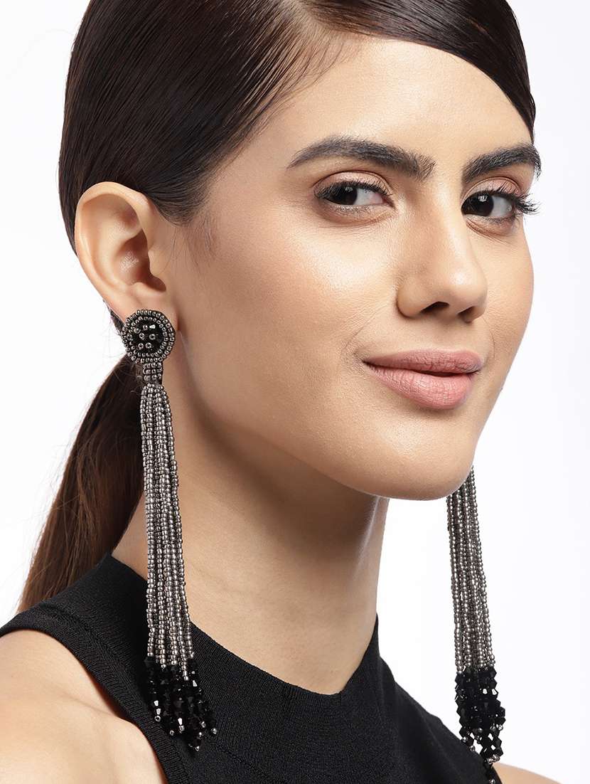 silver-toned & black teardrop shaped drop earrings - 18030212 -  Standard Image - 2