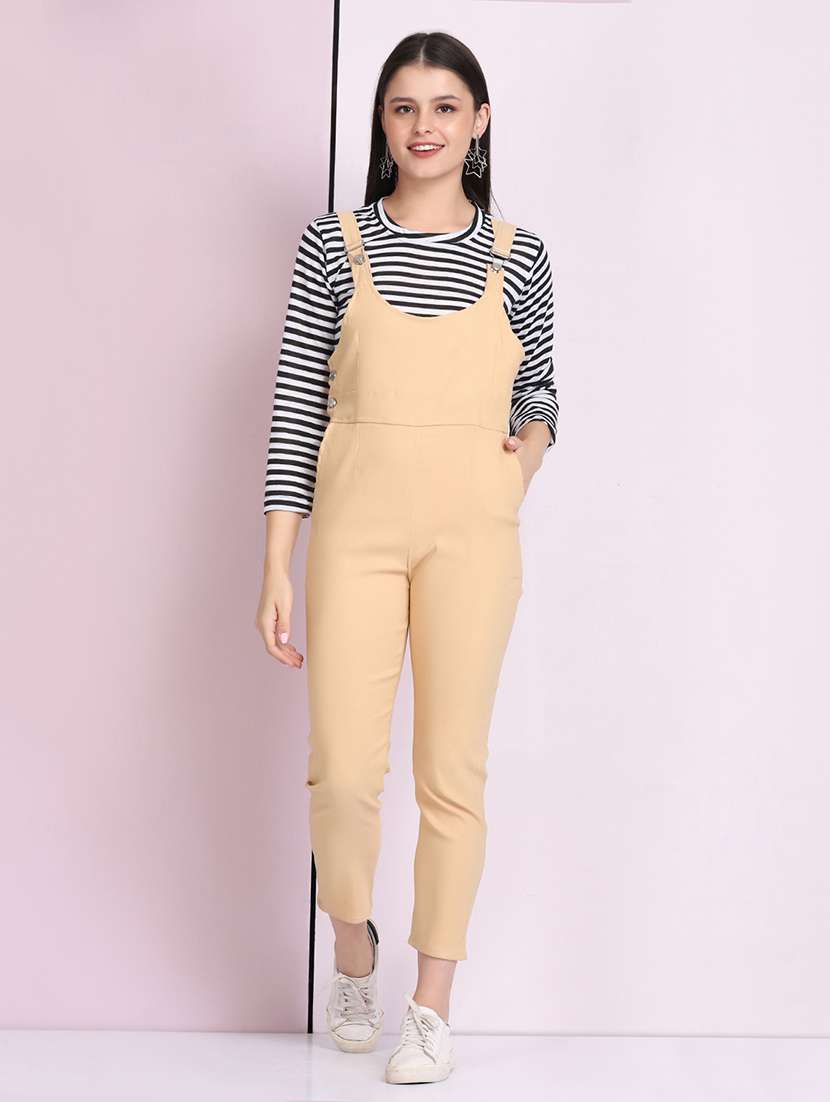 beige solid dungaree jumpsuit