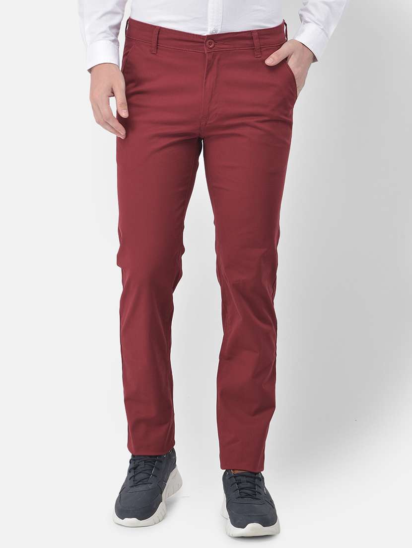 maroon solid flat front casual trouser