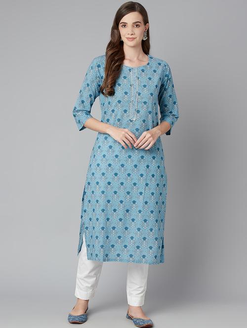 blue cotton straight kurta - 18030870 - Standard Image - 0
