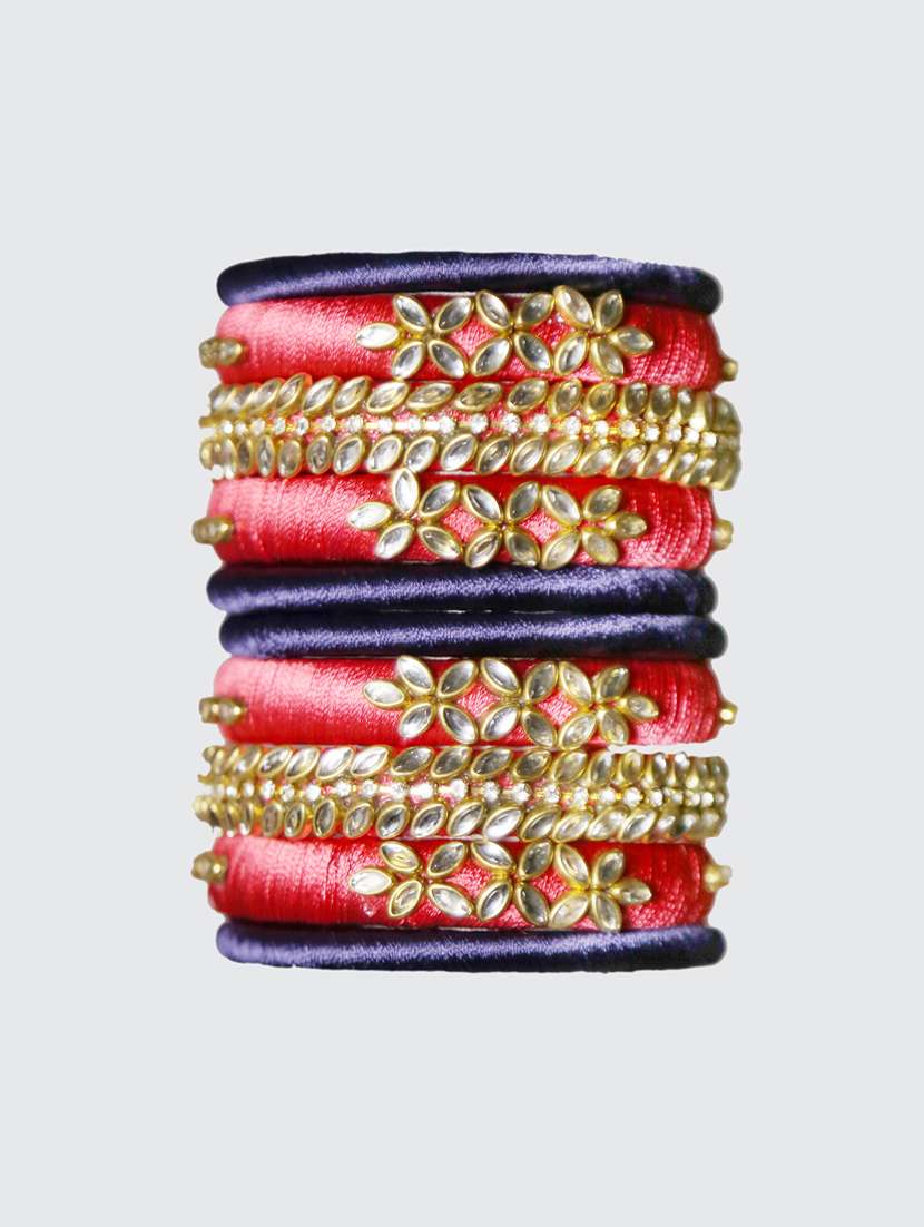  handmade silk thread red kade & blue bangles set of 10