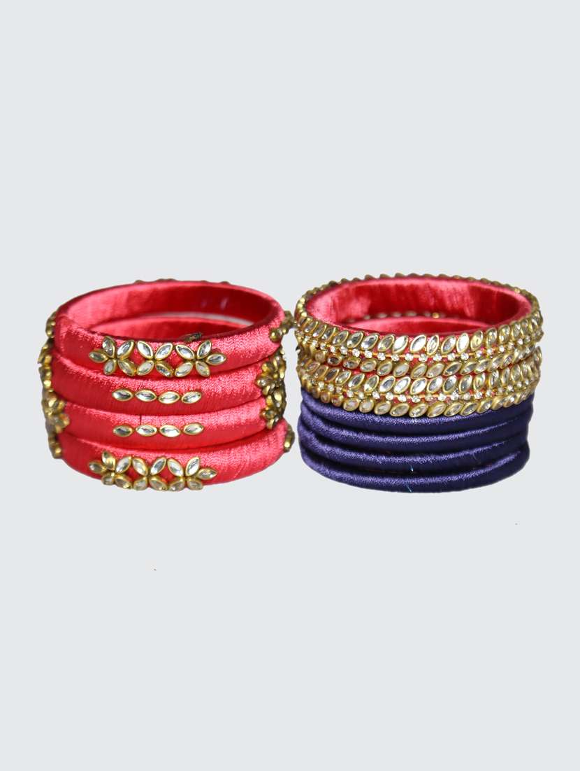  handmade silk thread red kade & blue bangles set of 10 - 18031707 -  Standard Image - 2