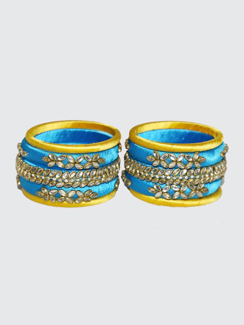 handmade silk thread sky blue kade & yellow bangles set of 10 - 18031709 - Standard Image - 2