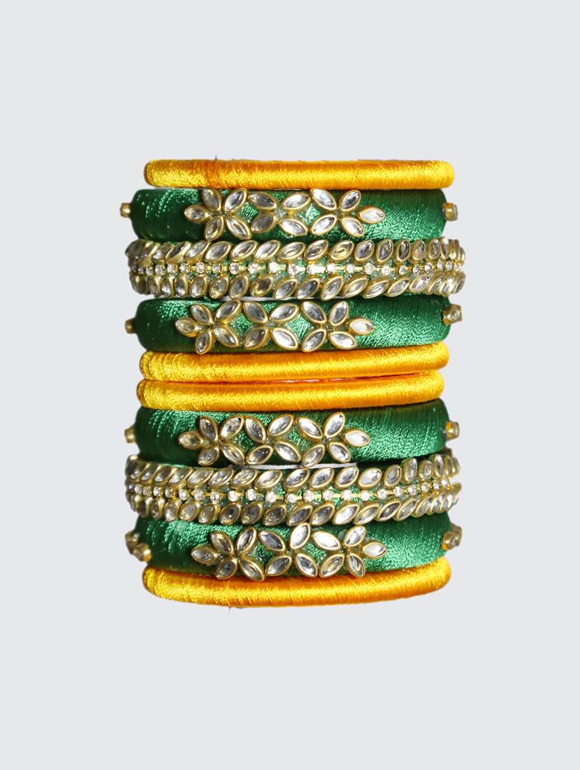 handmade silk thread green kade & yellow bangles set of 10