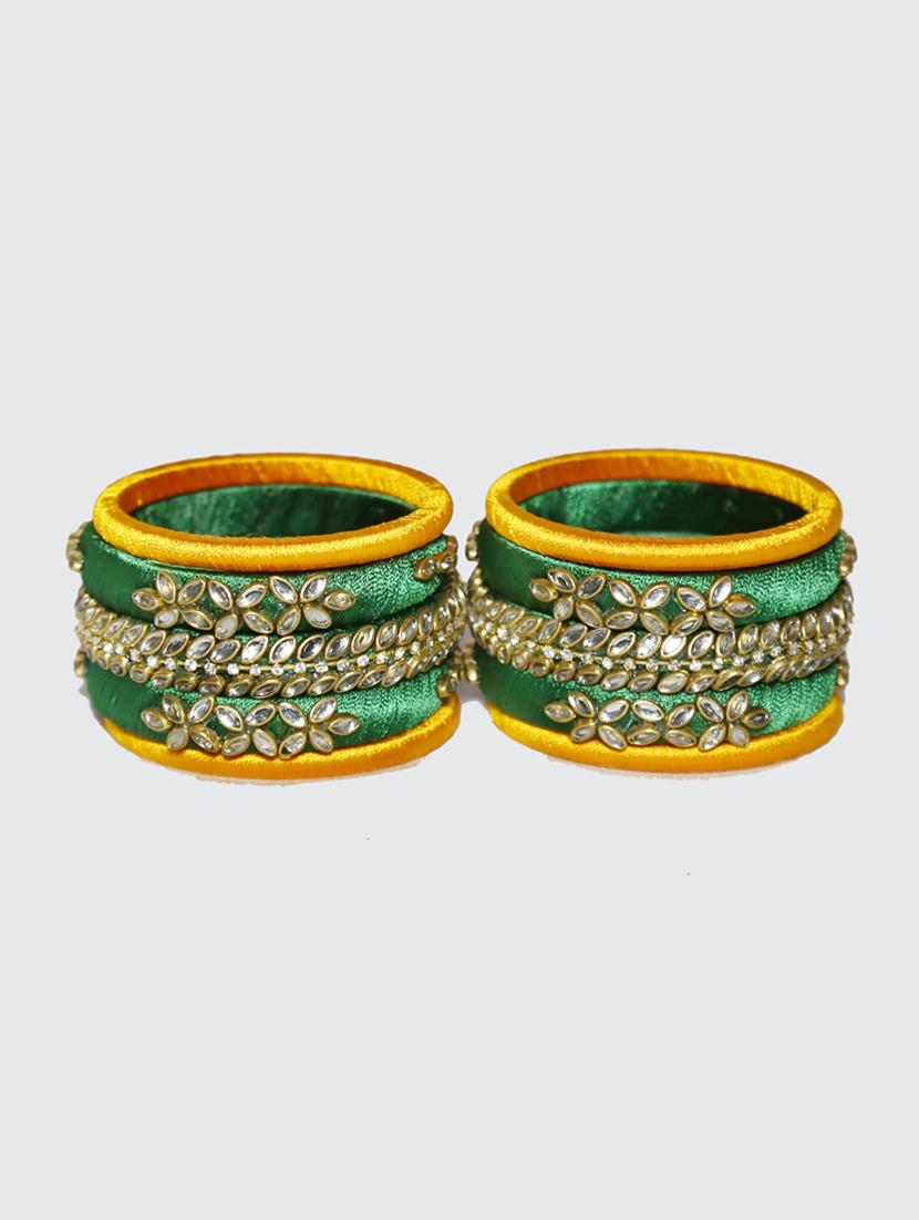 handmade silk thread green kade & yellow bangles set of 10 - 18031710 - Standard Image - 2